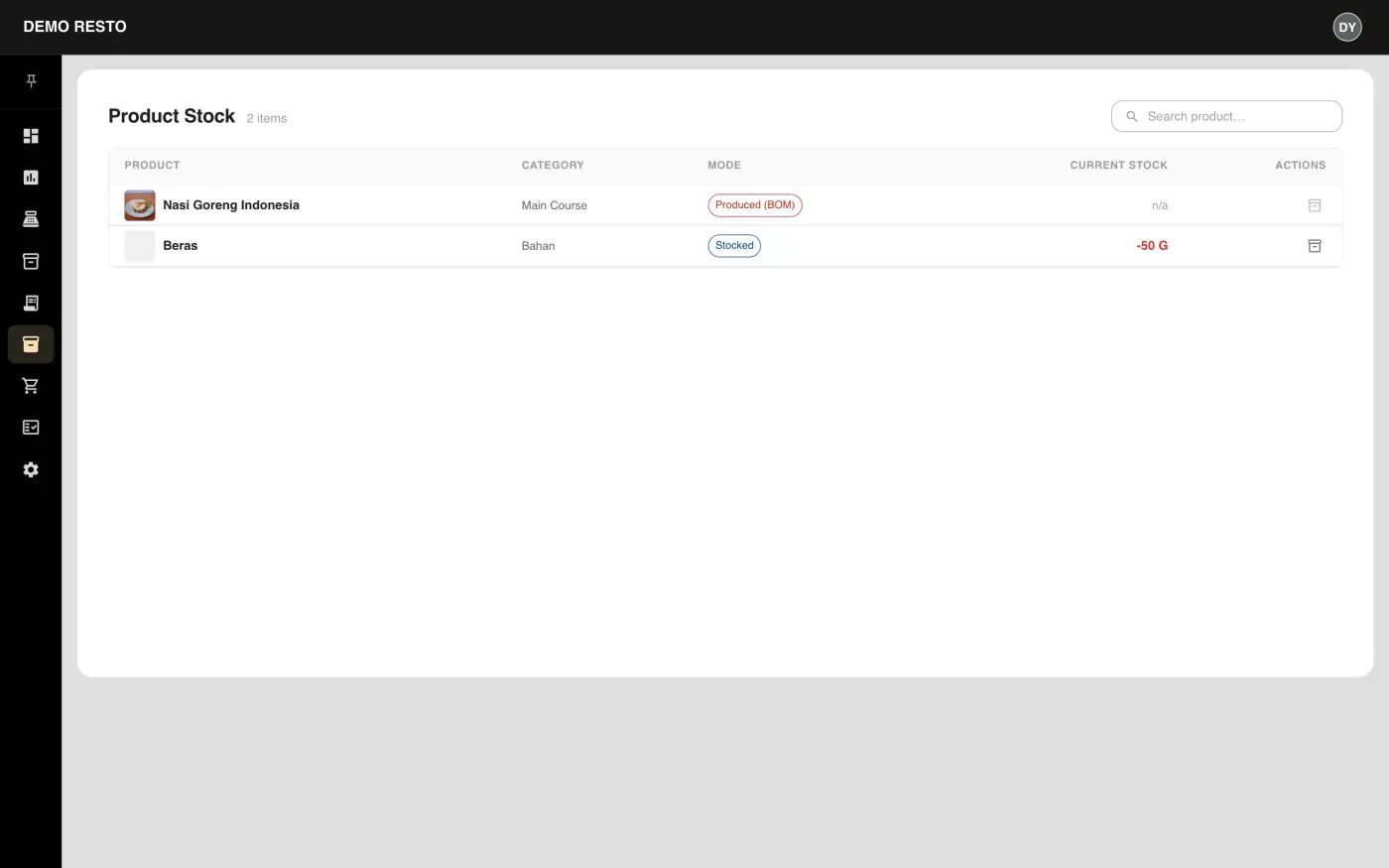 Demo Resto — Product stock